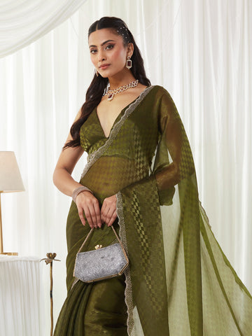 KASEE Women's Olive Green Woven Art Silk Saree with Checkered Design & Embellished Border