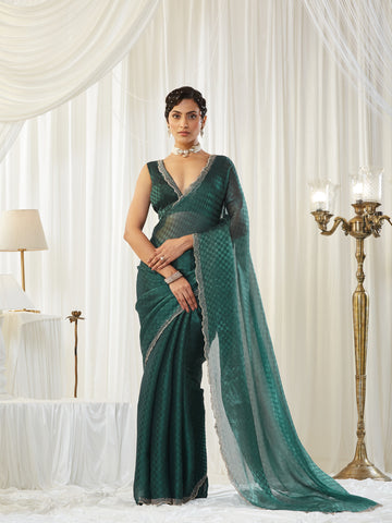 KASEE Women's Peacock Blue Woven Art Silk Saree with Checkered Design & Embellished Border