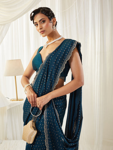 KASEE Women's Turquoise Blue Embellished Silk Blend Saree with All-Over Buti Work