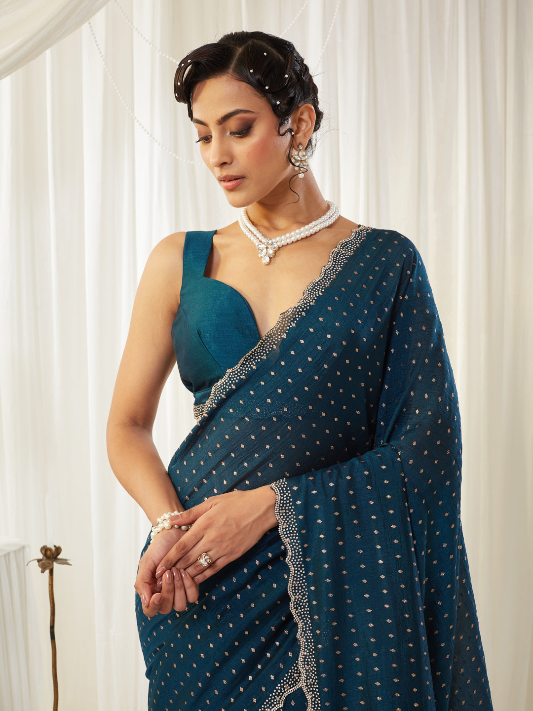 KASEE Women's Turquoise Blue Embellished Silk Blend Saree with All-Over Buti Work