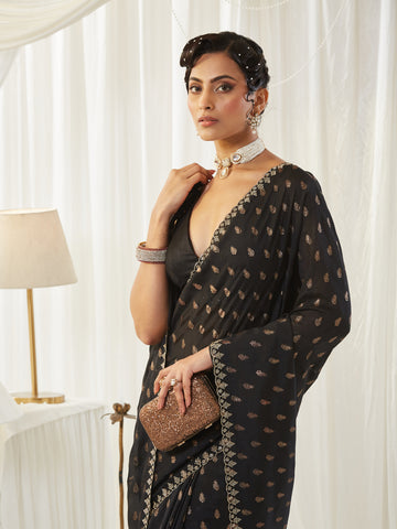 KASEE Women's Black Embroidered Silk Cotton Saree with Paisley Motifs