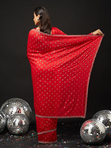 KASEE Women's Red Embroidered Silk Cotton Saree with Paisley Motifs