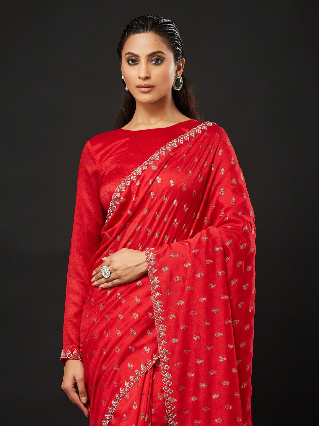 KASEE Women's Red Embroidered Silk Cotton Saree with Paisley Motifs
