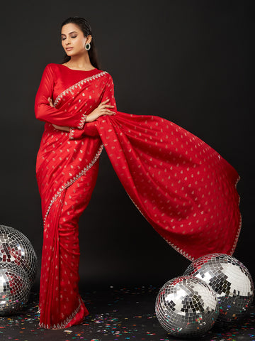 KASEE Women's Red Embroidered Silk Cotton Saree with Paisley Motifs
