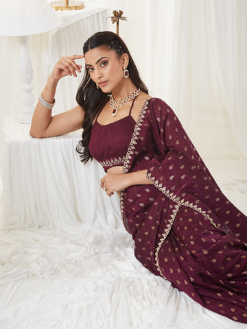KASEE Women's Wine Embroidered Silk Cotton Saree with Paisley Motifs