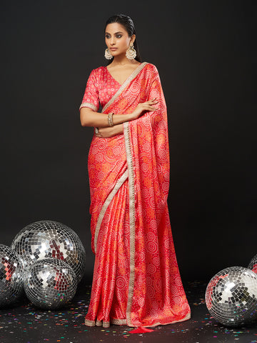 KASEE Women's Rani Pink Art Silk Bandhani Saree with Golden Zari Border & Traditional Motif Detailing