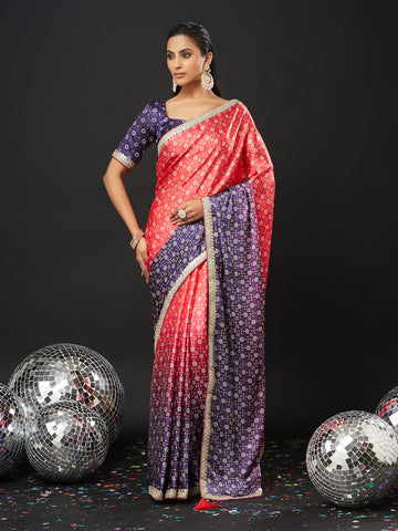 KASEE Women's Dual-Tone Pink & Purple Art Silk Bandhani Saree with Mirror-Work Zari Border & Traditional Motifs