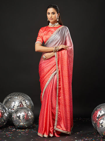 KASEE Women's Peach to Silver Ombr稟rt Silk Bandhani Saree with Gold Zari Border & All-Over Dot Motifs