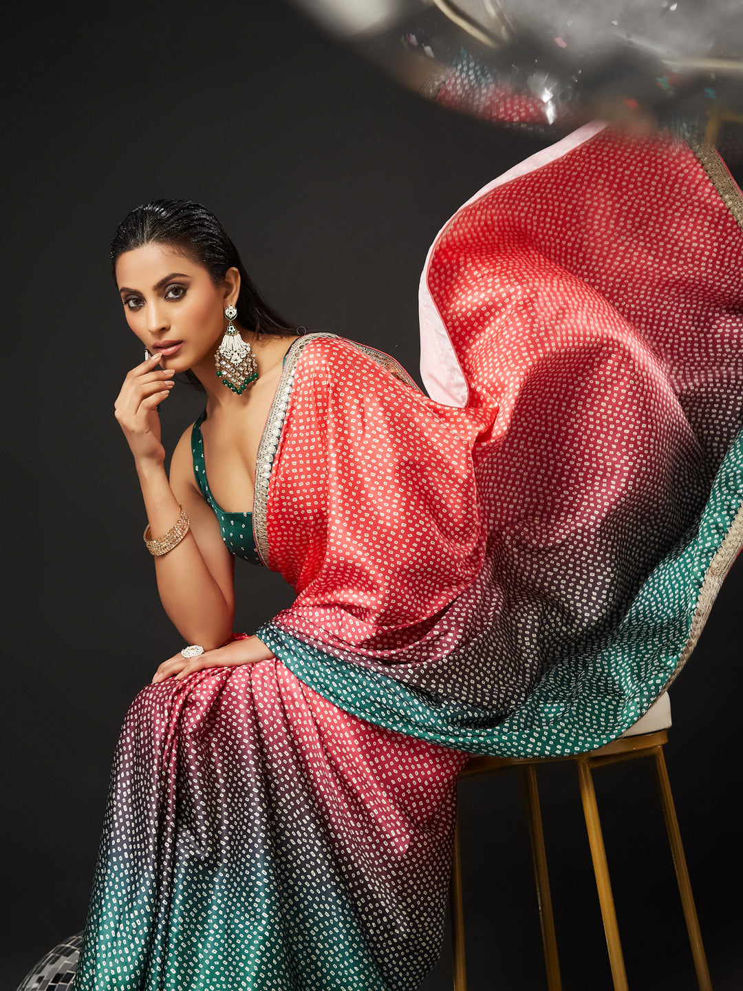 KASEE Women's Dual-Tone Green & Coral Art Silk Bandhani Saree with Gold Zari Border & Traditional Dot Motifs