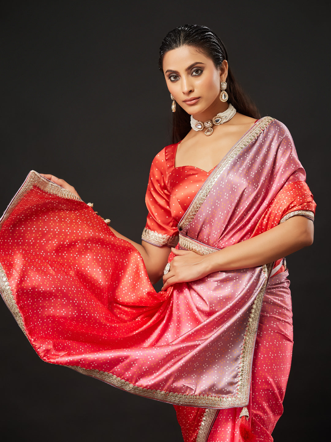 KASEE Women's Pink Ombre Satin Saree with All-Over Butti Work and Embroidered Border