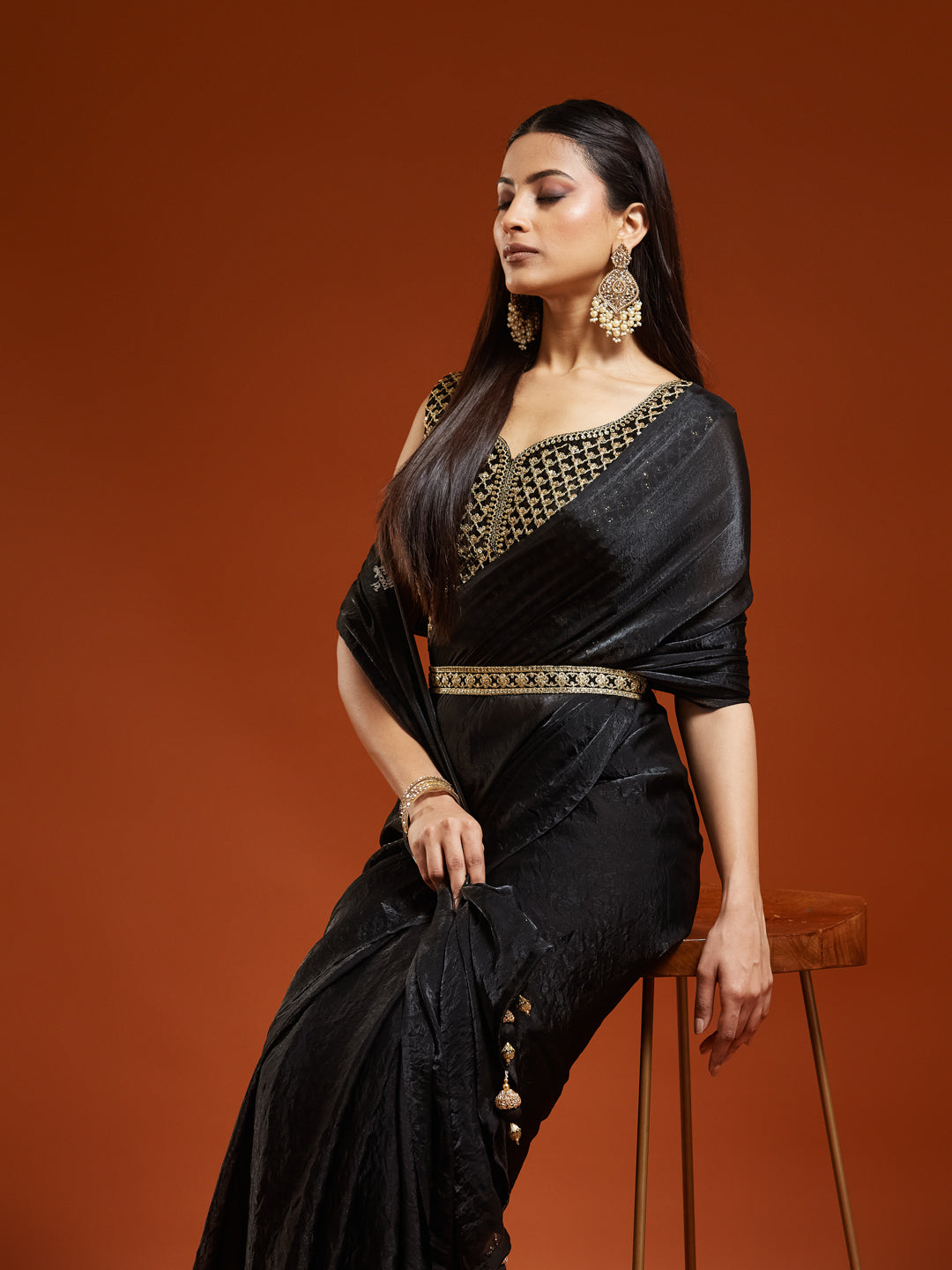 KASEE Women's Black Solid Saree with Designer Embroidered Blouse