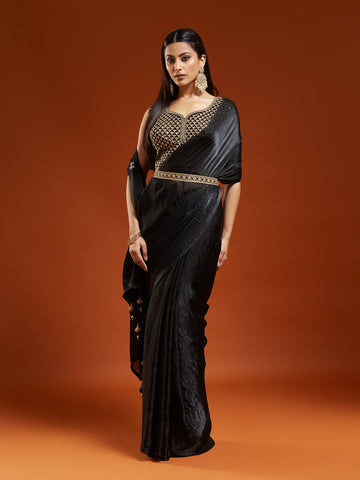KASEE Women's Black Solid Saree with Designer Embroidered Blouse