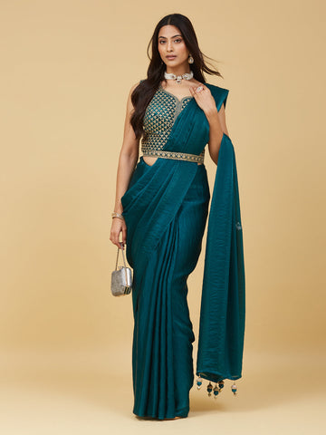 KASEE Women's Morpich Solid Saree with Designer Embroidered Blouse