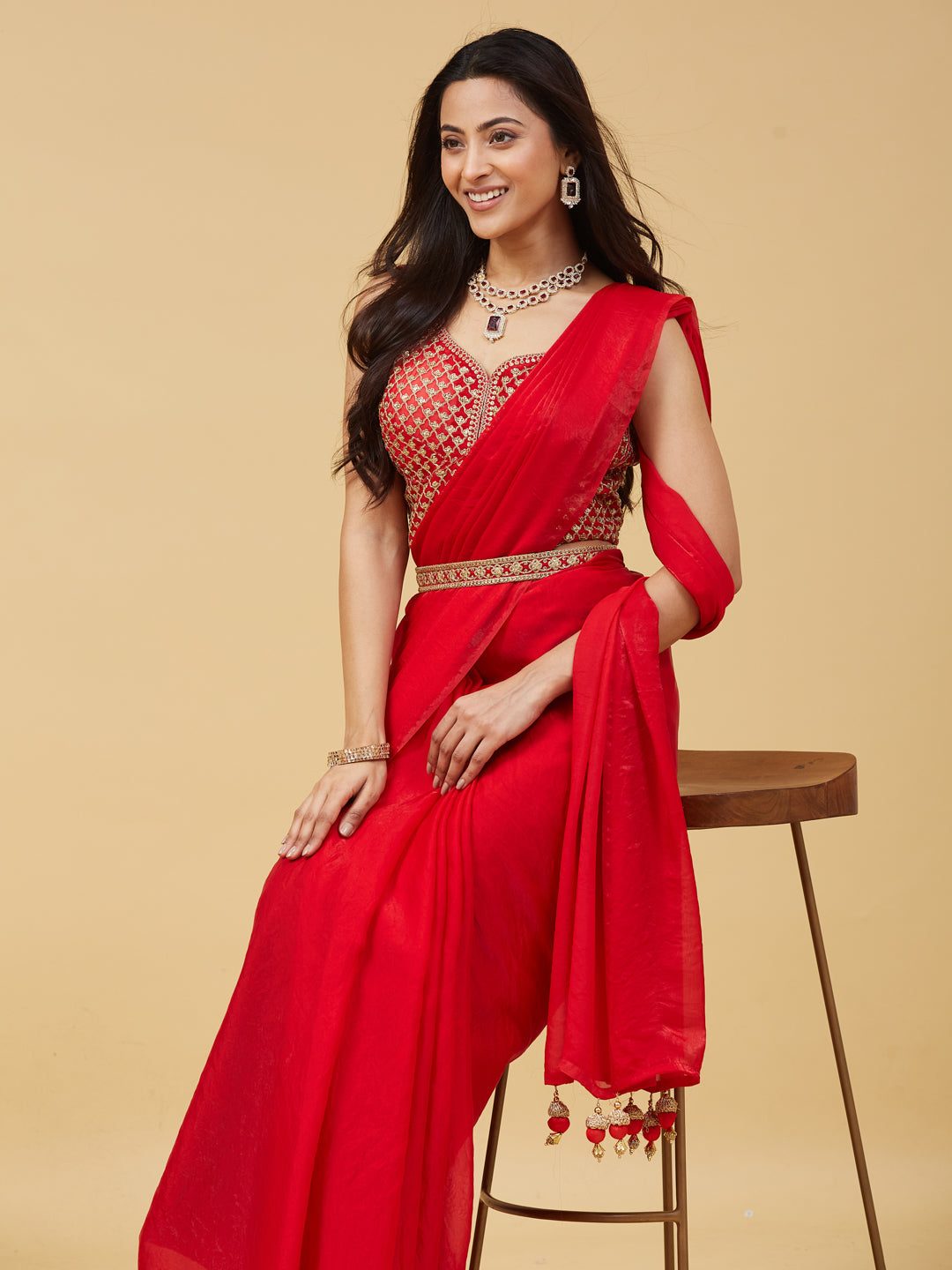 KASEE Women's Red Solid Saree with Designer Embroidered Blouse