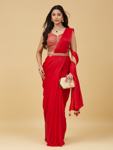 KASEE Women's Red Solid Saree with Designer Embroidered Blouse