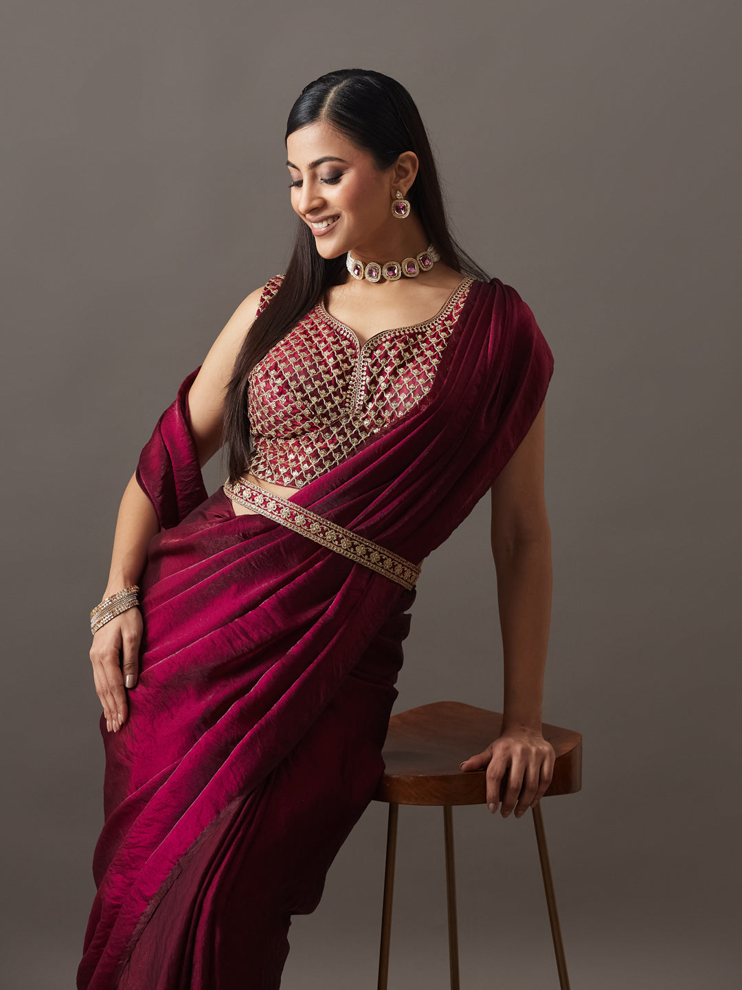KASEE Women's Wine Solid Saree with Designer Embroidered Blouse