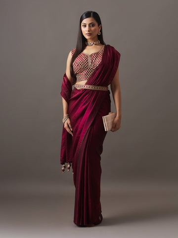 KASEE Women's Wine Solid Saree with Designer Embroidered Blouse