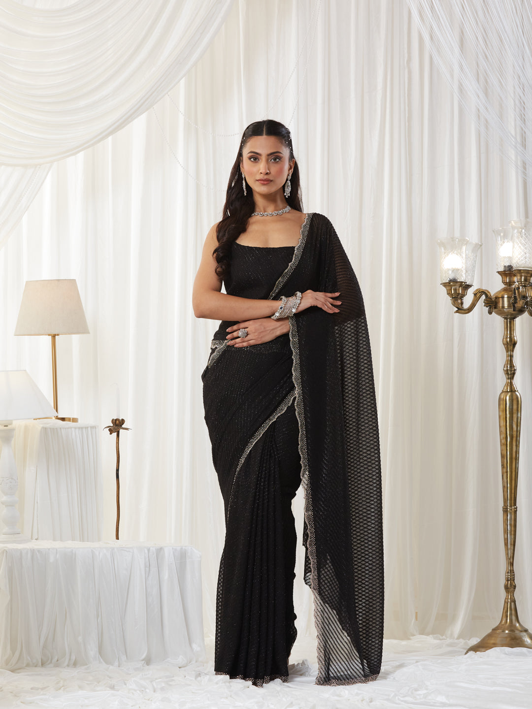 KASEE Women's Black Metallic Mesh Pattern Saree with Scalloped Border