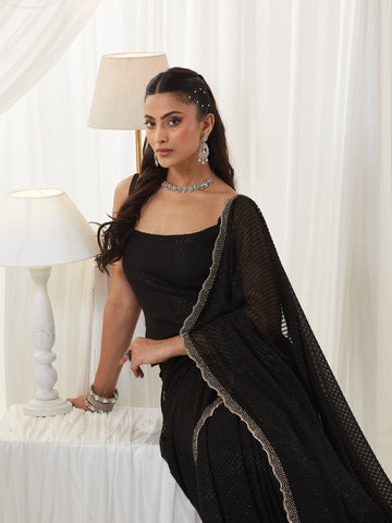 KASEE Women's Black Metallic Mesh Pattern Saree with Scalloped Border