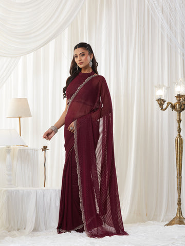KASEE Women's Wine Metallic Mesh Pattern Saree with Scalloped Border