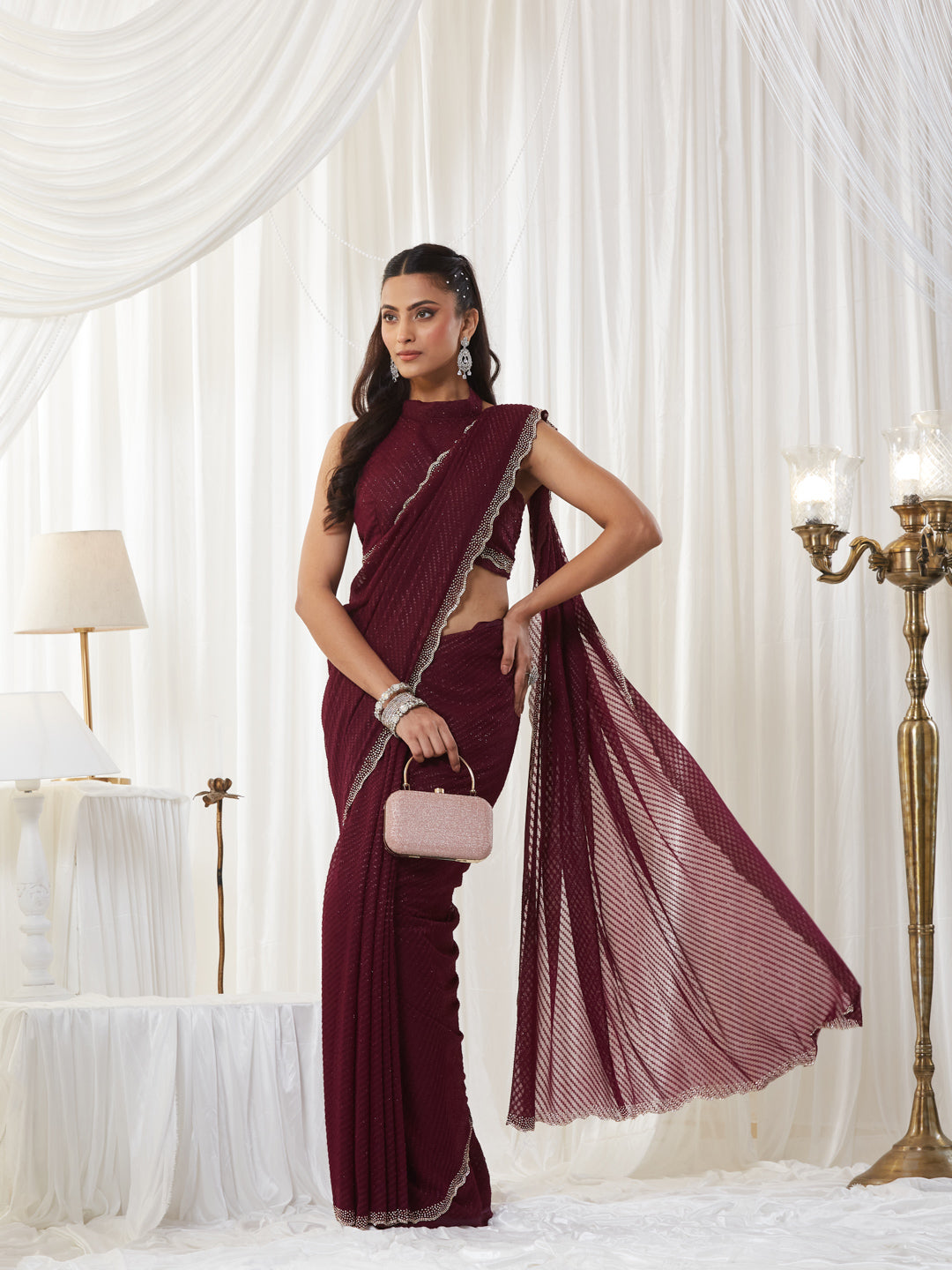 KASEE Women's Wine Metallic Mesh Pattern Saree with Scalloped Border