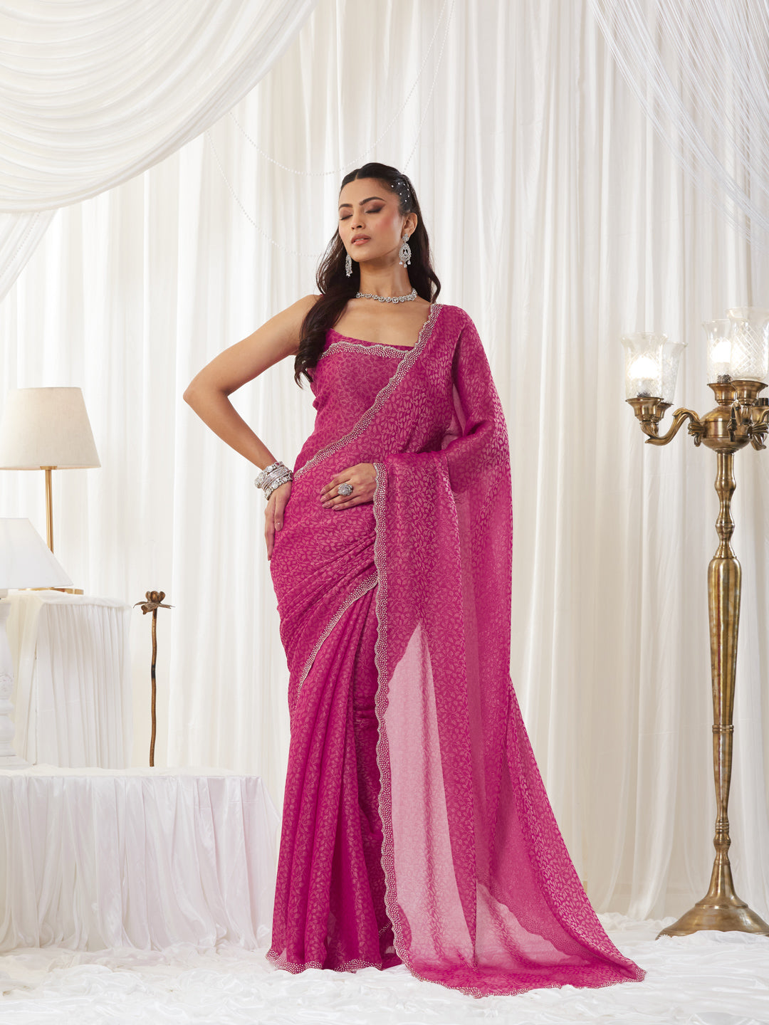 KASEE Women's Designer Rani Art Slik Saree with Shimmer-Detail Edges