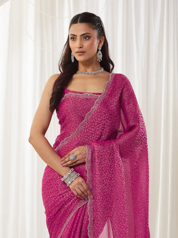 KASEE Women's Designer Rani Art Slik Saree with Shimmer-Detail Edges