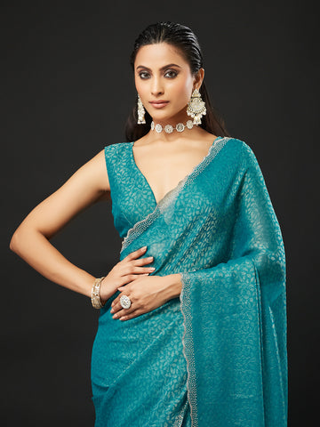 KASEE Women's Designer Teal Art Slik Saree with Shimmer-Detail Edges