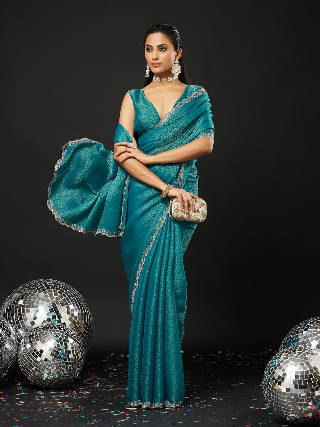 KASEE Women's Designer Teal Art Slik Saree with Shimmer-Detail Edges