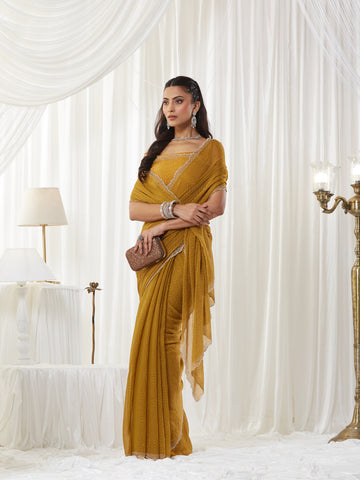 KASEE Women's Mustard Gold Textured Art Silk Saree with Embellished Scallop Border