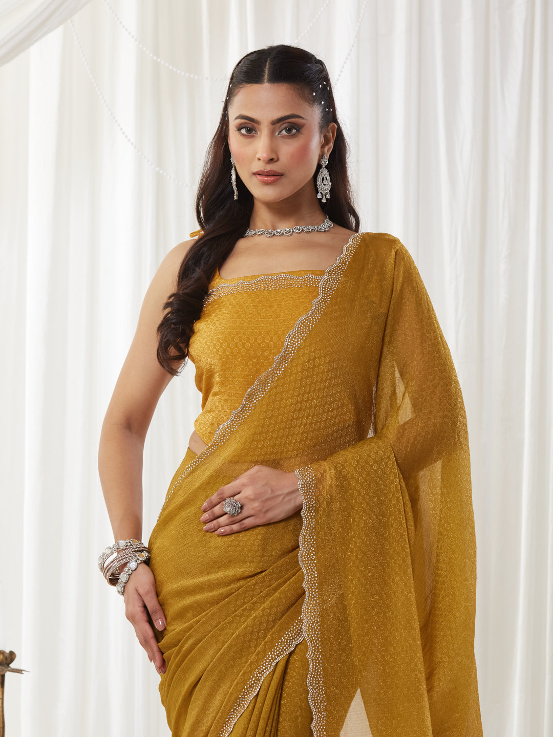 KASEE Women's Mustard Gold Textured Art Silk Saree with Embellished Scallop Border