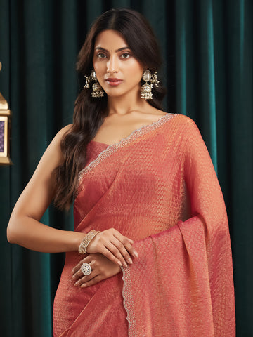 KASEE Women's Pink Gold Textured Art Silk Saree with Embellished Scallop Border