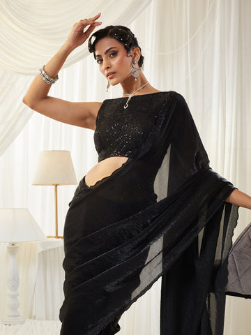 KASEE Women's Black Crushed Silk blend Saree with Embellished Border
