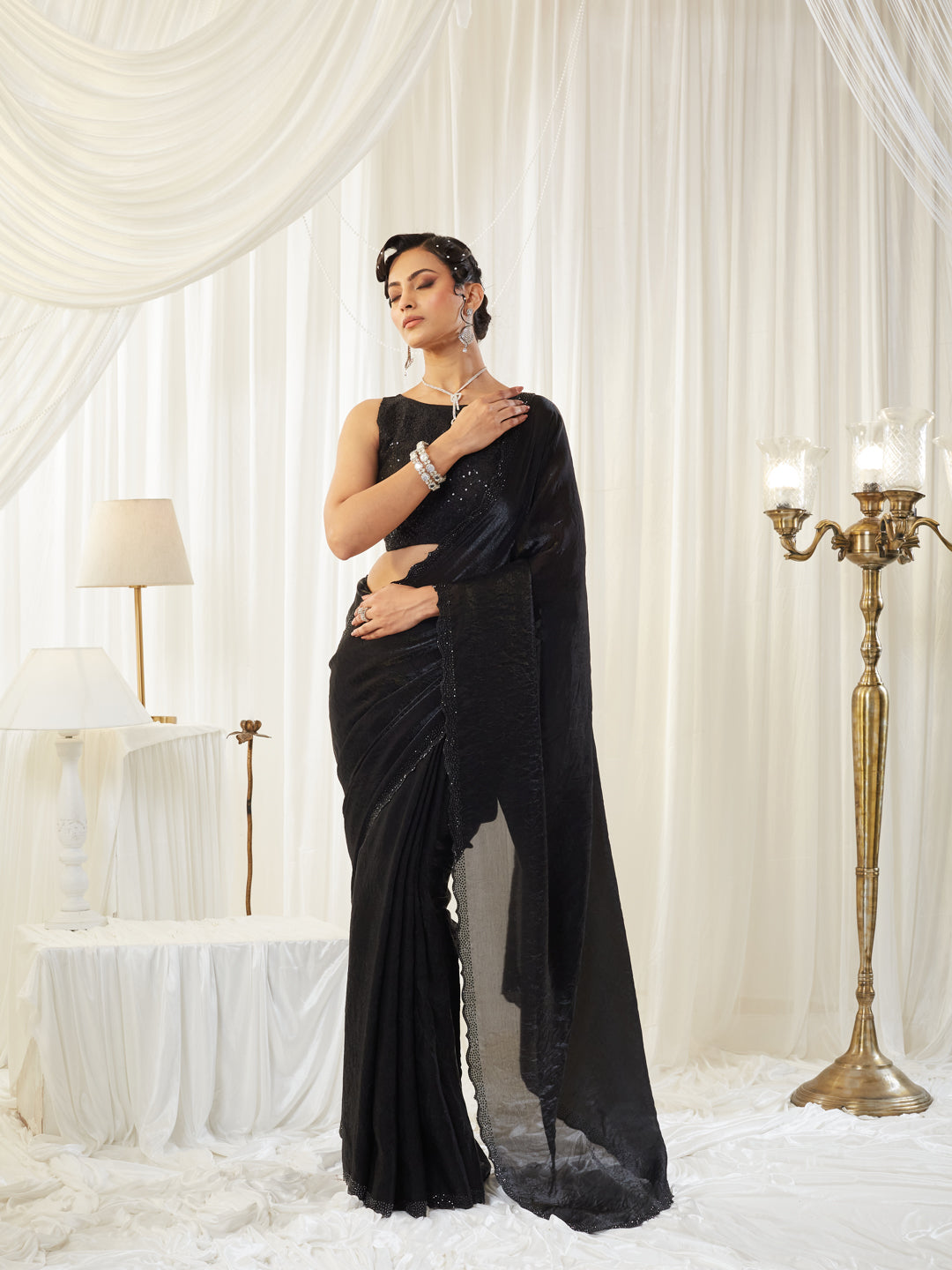 KASEE Women's Black Crushed Silk blend Saree with Embellished Border