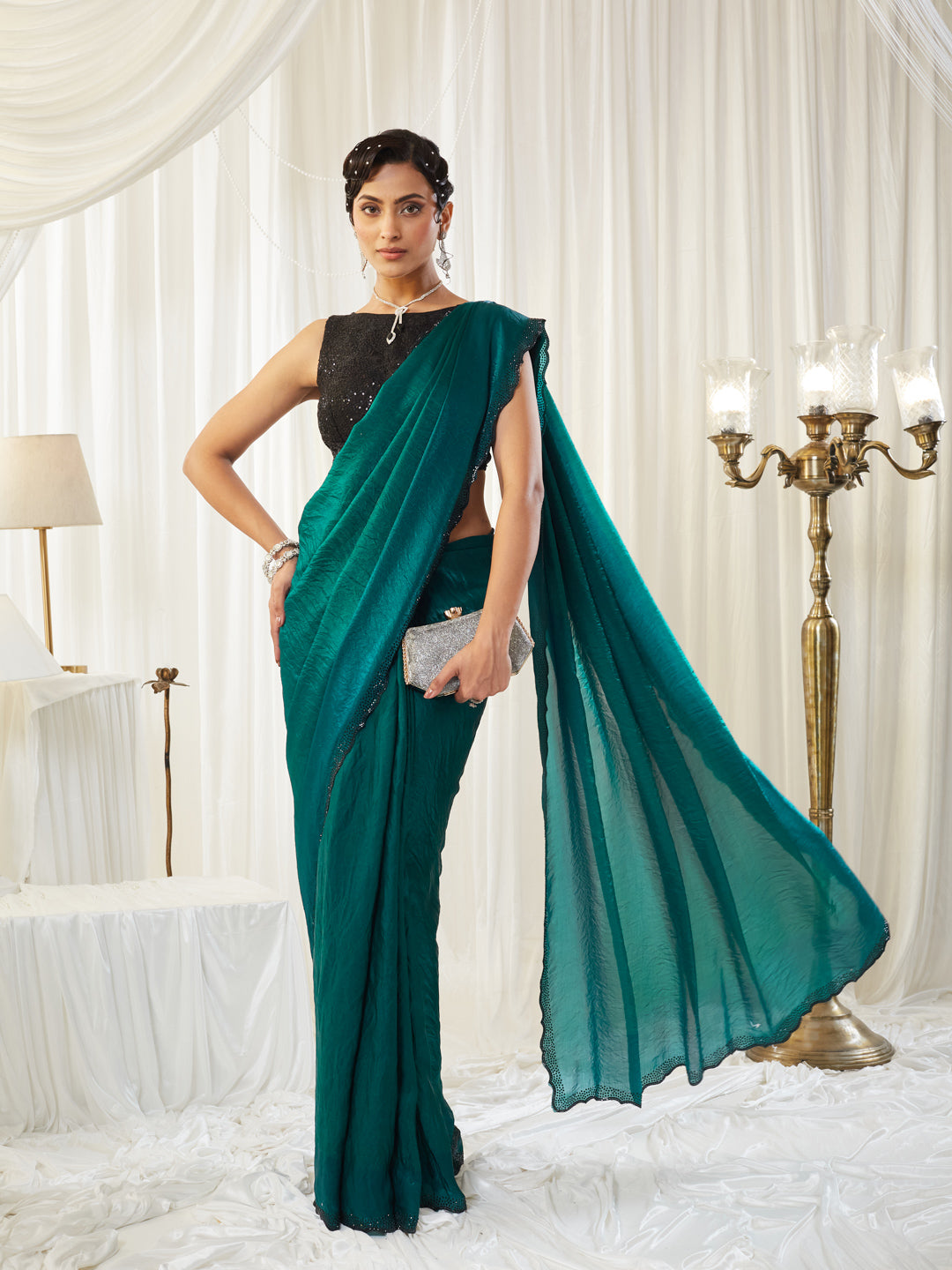 KASEE Women's Peacock Blue Crushed Silk Blend Saree with Embellished Border