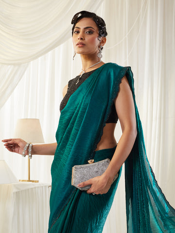 KASEE Women's Peacock Blue Crushed Silk Blend Saree with Embellished Border