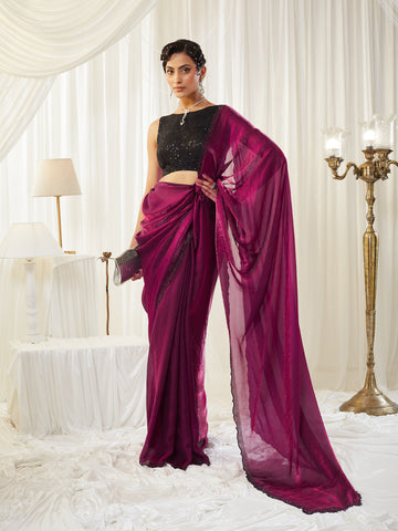 KASEE Women's Rani Crushed Silk Blend Saree with Embellished Border