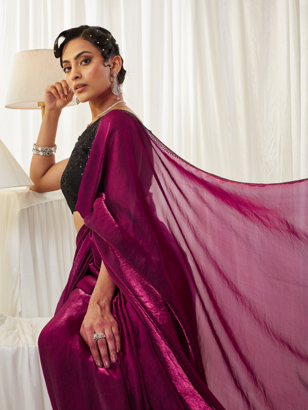 KASEE Women's Rani Crushed Silk Blend Saree with Embellished Border