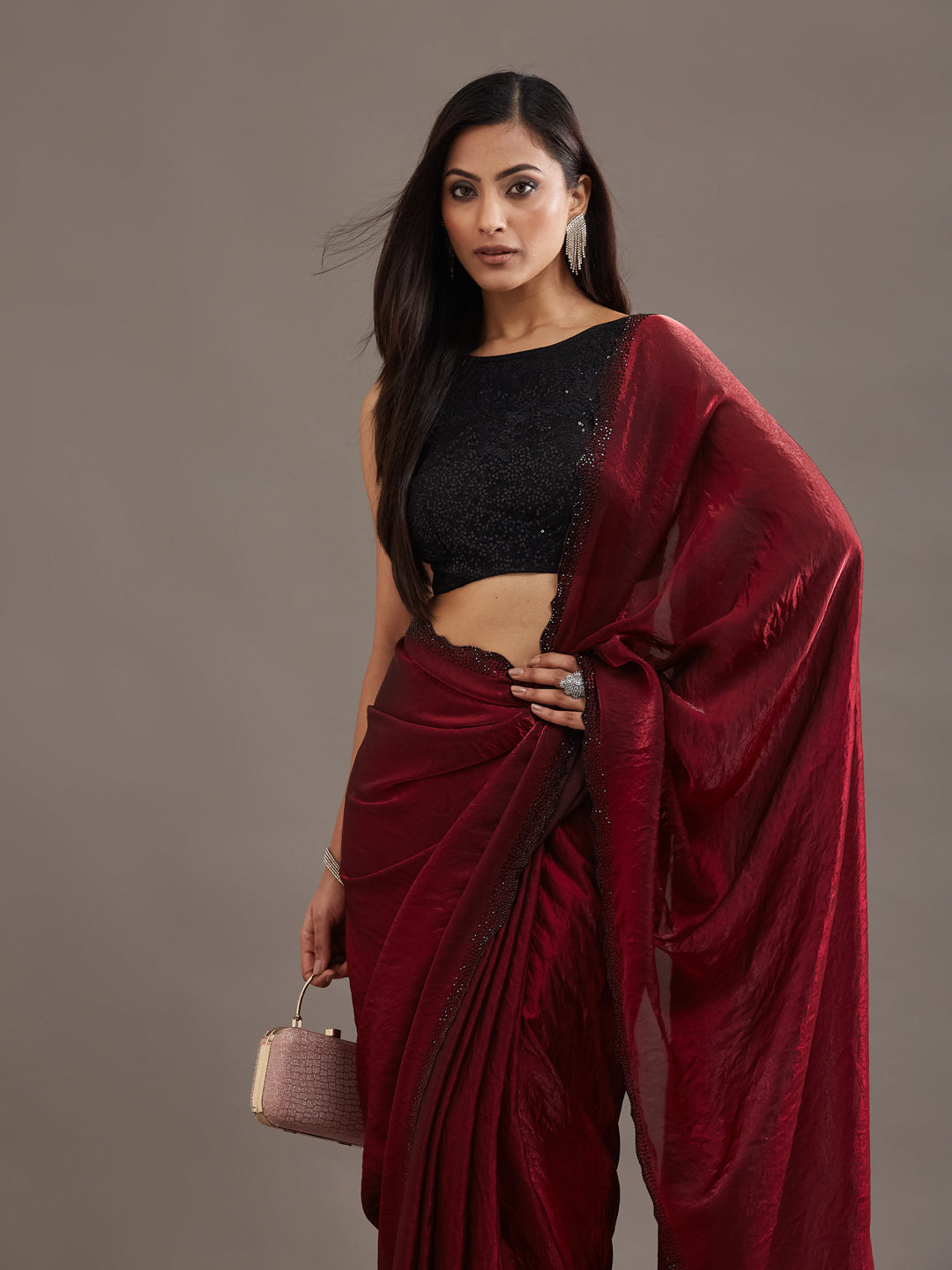 KASEE Women's Wine Purple Silk Ready To Wear Saree With Designer Saree