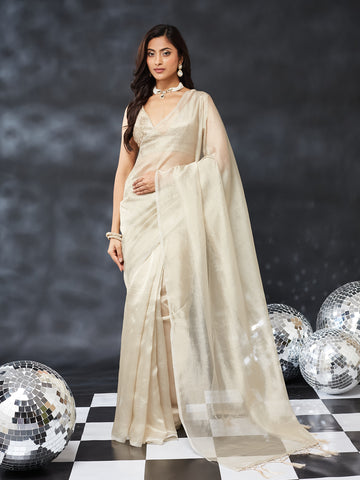 KASEE Women's Elegant Cream Saree with Shimmer Finish & Solid Draped Design