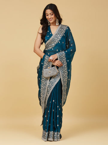 KASEE Women's Peacock Blue Zari Embroidered Saree with Floral Border Detailing