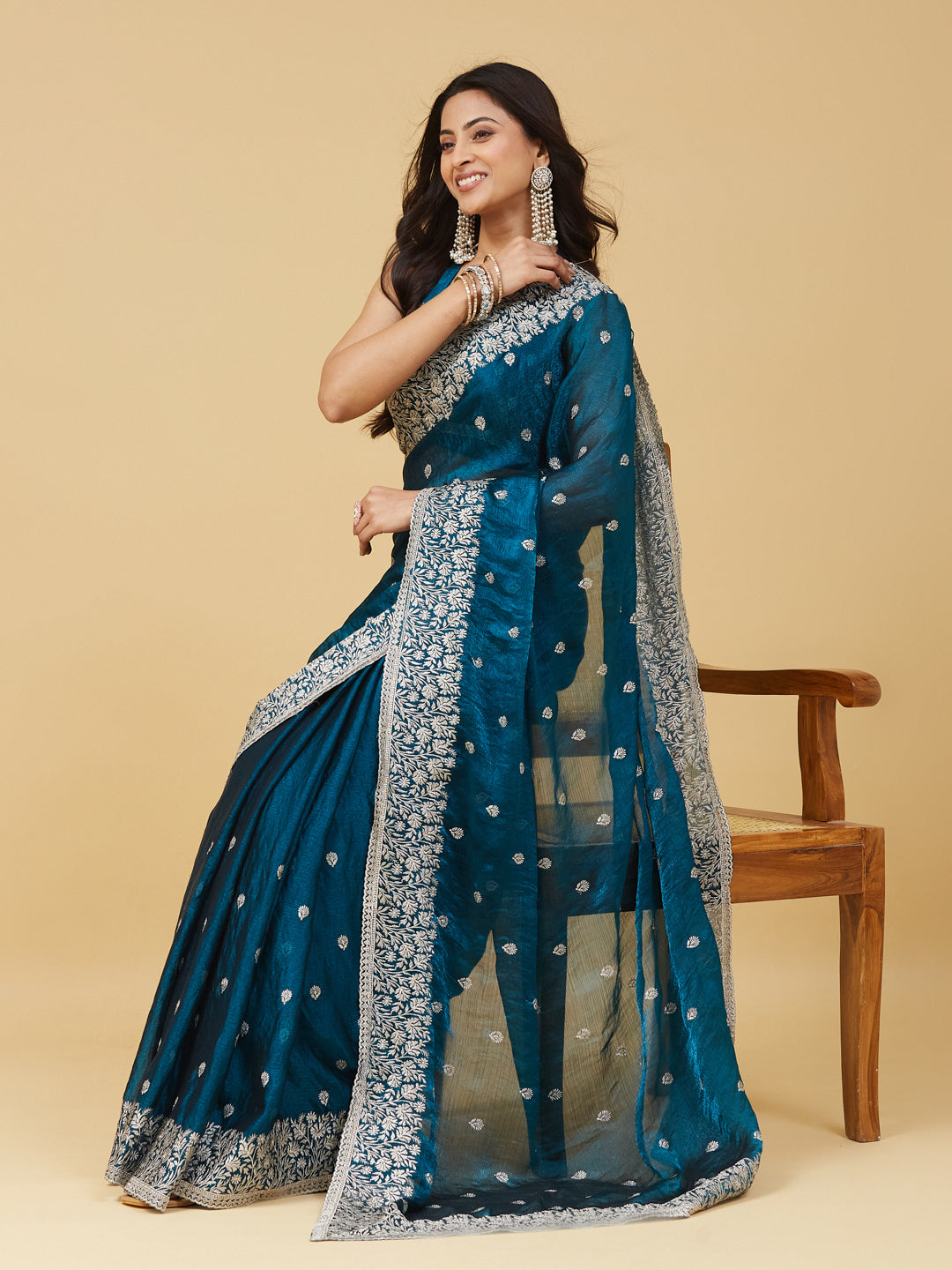 KASEE Women's Peacock Blue Zari Embroidered Saree with Floral Border Detailing