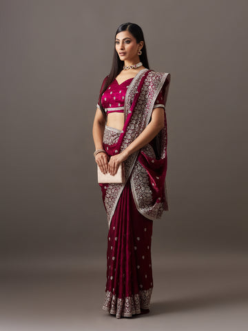 KASEE Women's PWine Zari Embroidered Saree with Floral Border Detailing