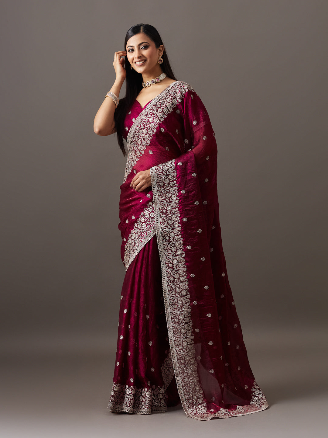 KASEE Women's PWine Zari Embroidered Saree with Floral Border Detailing
