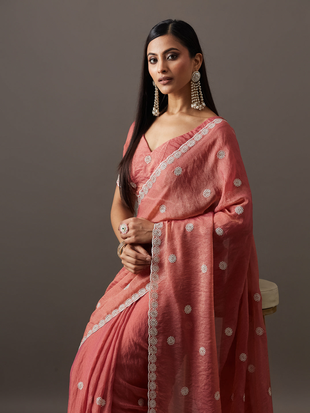 KASEE Women's Rose Pink Silk Saree with Embellished Border