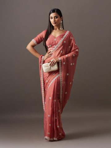 KASEE Women's Rose Pink Silk Saree with Embellished Border