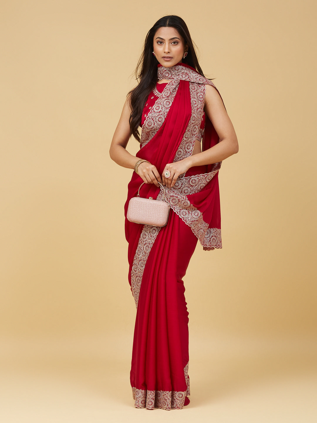 KASEE Women's Red Embroidered Border Saree with Zari Detailing
