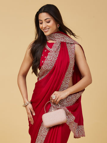 KASEE Women's Red Embroidered Border Saree with Zari Detailing