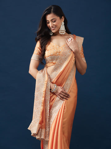 KASEE Women's Mustard Embroidered Border Saree with Zari Detailing