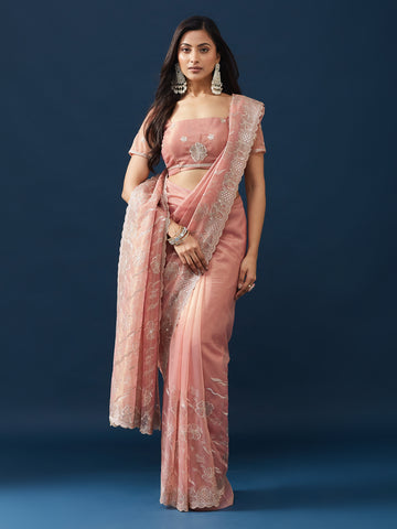 KASEE Women's Dusty Pink Floral Embroidered Saree with Scalloped Border